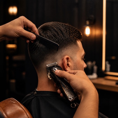 Barber fading the nape with clippers and comb