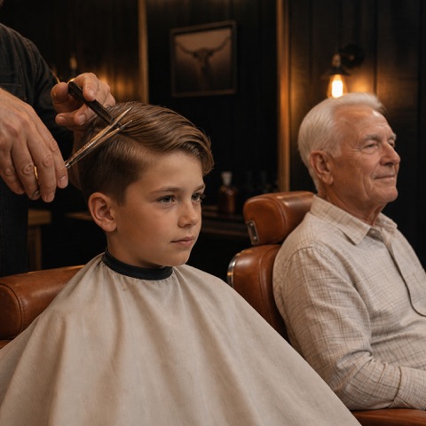 A boy getting a scissor cut while an older client waits his turn