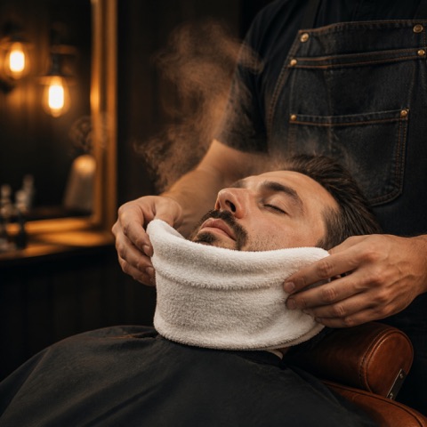 Steaming hot towel laid over a client face