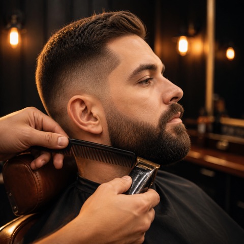 Fresh fade and a lined beard being finished
