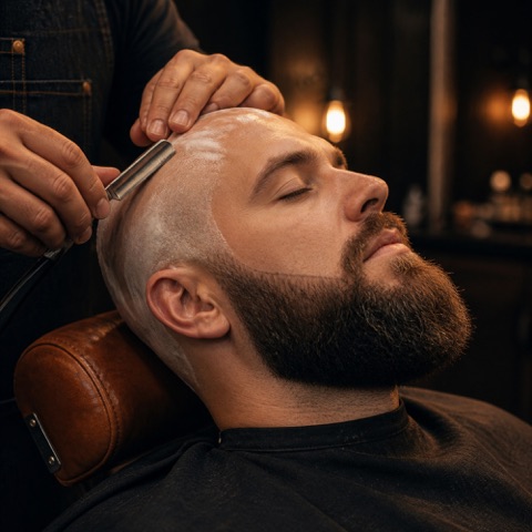 Head shaved smooth with a straight razor, beard left full