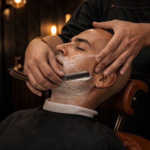 Head and face both lathered for the straight razor
